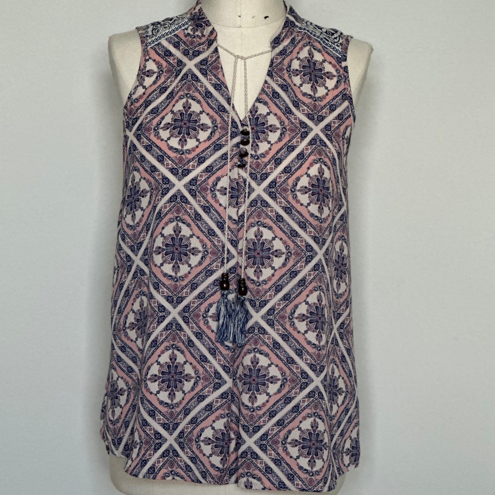 Rewind Women's Small Pink Navy Boho Medallion Print Sleeveless Tassel Blouse